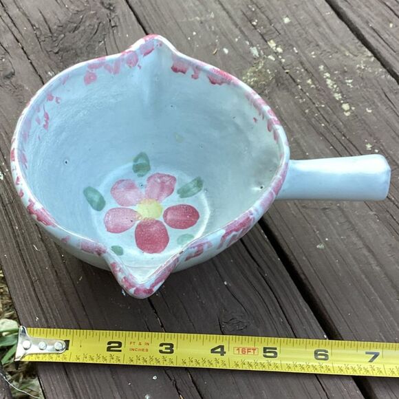 Hand Painted Ceramic Bowl with Handle Spout Pink Flower Kitchen Decor - Picture 5 of 5